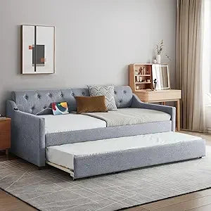 Antetek Twin-to-King Size Daybed with Pop Up Trundle, Modern Button Tufted Linen Upholstered Sofa Bed Frame