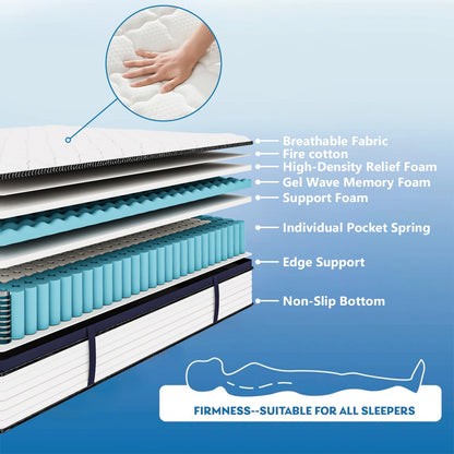 Gel Memory Foam Hybrid Mattress , Pressure Relief, Medium Firm Comfort, Motion Isolation, Mattress in a box