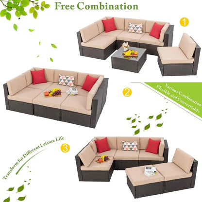 7 Piece Patio Furniture Set with Gas Fire Pit Table, Outdoor Conversation Sets Wicker Rattan Sectional Sofa