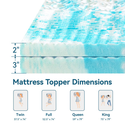 5-Zone Memory Foam Mattress Topper, Cooling Gel, Topper for Pressure Relieve, Blue
