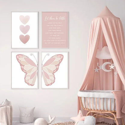 Pink Butterfly Wall Art Nursery, Canvas Prints, Painting, Sun/Rainbow/Daisy/Heart Posters