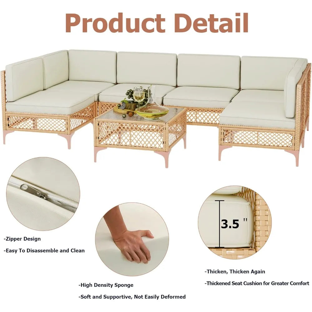 Wicker Outdoor Sectional Set, Boho Patio Conversation Sectional Sofa with Large Tempered Glass Coffee Table