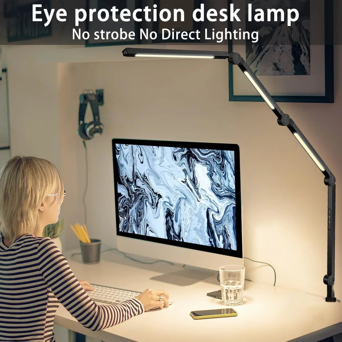 LED Desk Lamp with Clamp Flexible 4 sections Swing Arm Three light Sources, 4 Color Modes & 5 Brightness