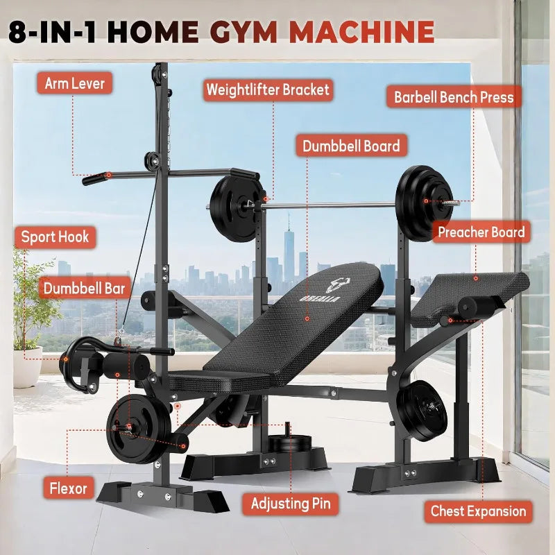 8-in-1 Multi-Function Full Body Exercise Weight Bench, Strength Training Workout