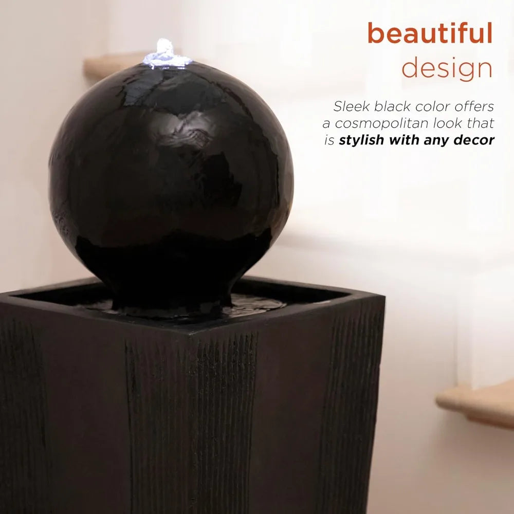 33" Outdoor Floor Modern Sphere and Pedestal, Soothing Waterfall Fountain