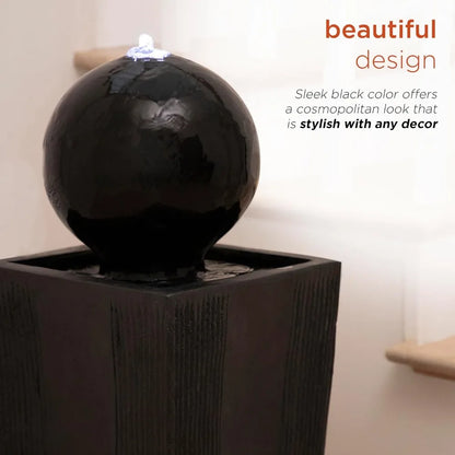 33" Outdoor Floor Modern Sphere and Pedestal, Soothing Waterfall Fountain