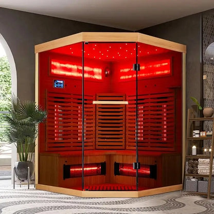 1-Person Outdoor Infrared Wooden Sauna, 3-D Fast Heating Home Spa, Chromotherapy Light