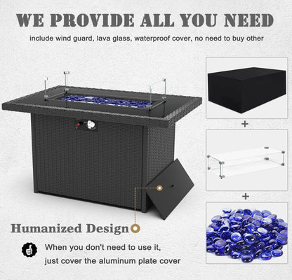 8 Pieces Wicker Patio Furniture Set with 44" Propane Gas Fire Pit Table, Outdoor Sectional