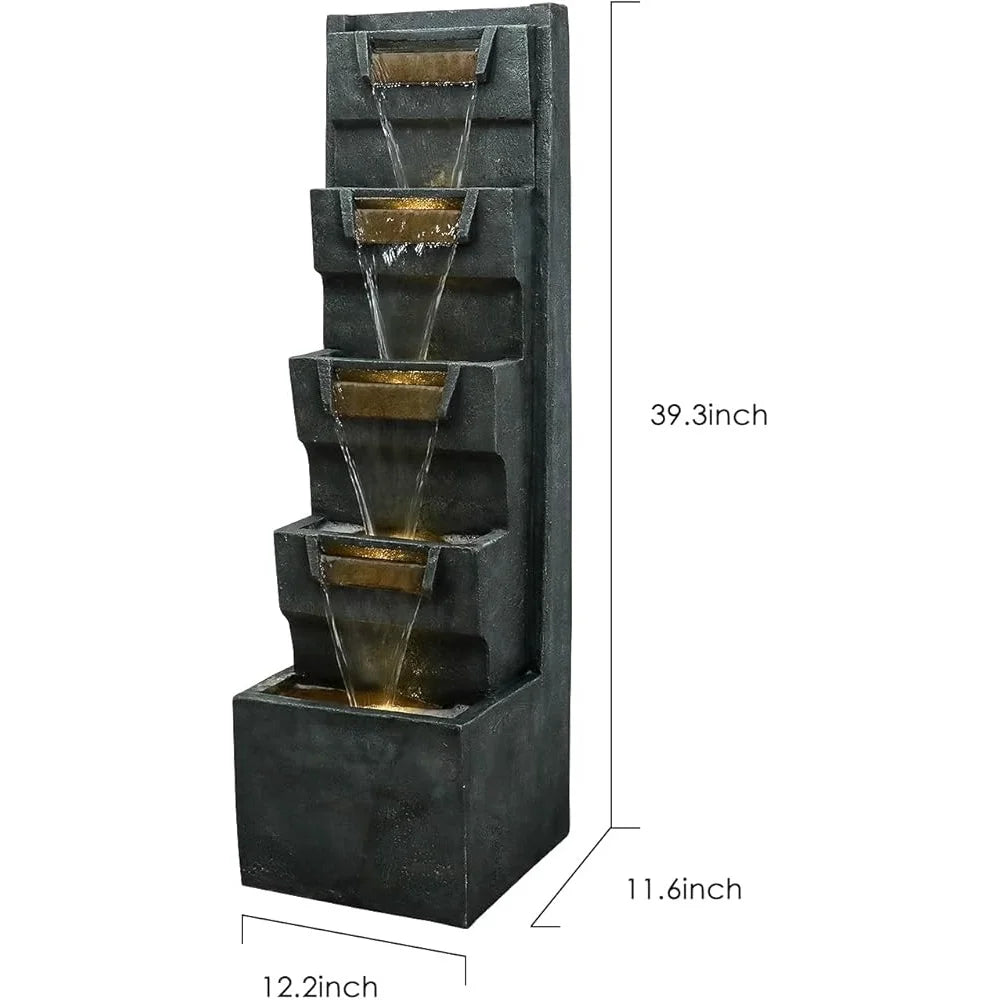 5-Tier Modern Water Fountain, Indoor/Outdoor, Water Sounds, LED Lights, Durable Poly Resin