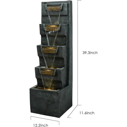 5-Tier Modern Water Fountain, Indoor/Outdoor, Water Sounds, LED Lights, Durable Poly Resin