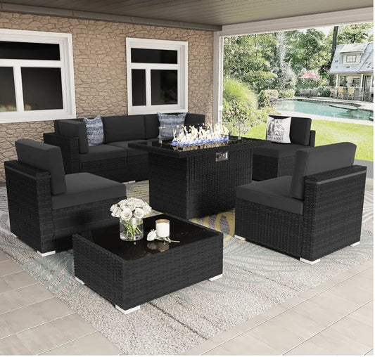 8 Pieces Wicker Patio Furniture Set with 44" Propane Gas Fire Pit Table, Outdoor Sectional