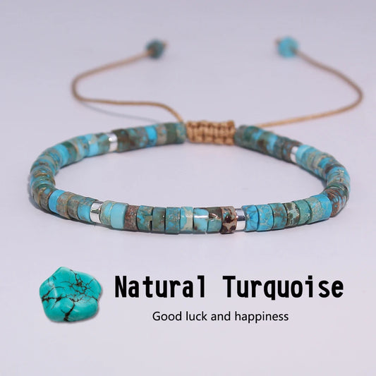 Natural Turquoise Stone Beads, Woven Bracelet, Adjustable Rope