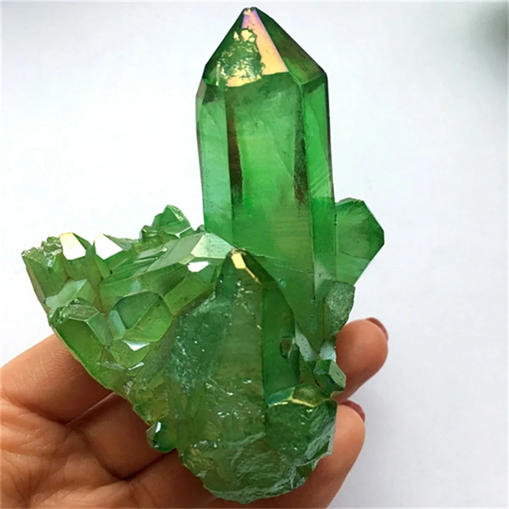 1x Natural Aura Green Titanium Gemstone Quartz Crystal Cluster Specimen Healing