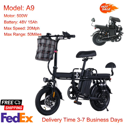 GleeRide A9 2 Seater Electric Bike, 500W 14" Mini Folding Ebike, 48V 15AH Removable Battery, Long Range 50Miles 20MPH