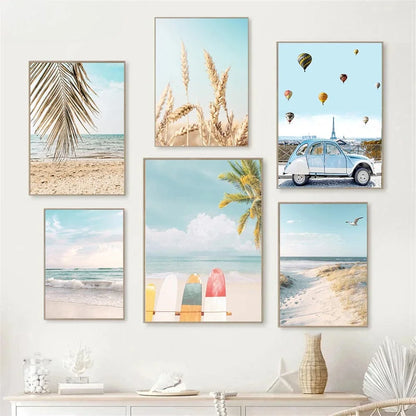 Summer Sea Beach, Coconut Tree, Surfboard Posters And Prints, Seagull Swan Wall Art, Canvas Painting