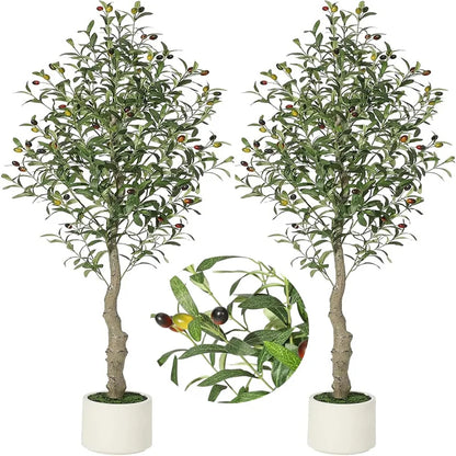 2 Pack Faux Olive Tree Tall, Artificial, Indoor, White Planter, Green Moss