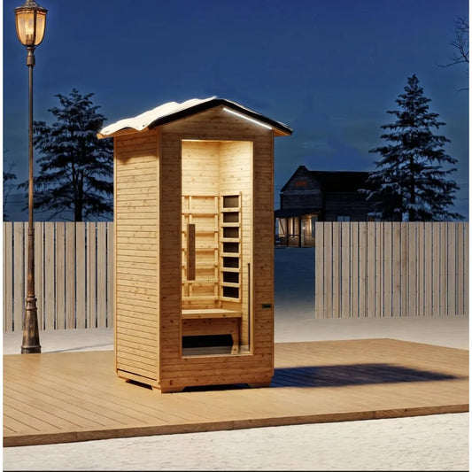1-Person Outdoor Infrared Wooden Sauna, 3-D Fast Heating Home Spa, Chromotherapy Light