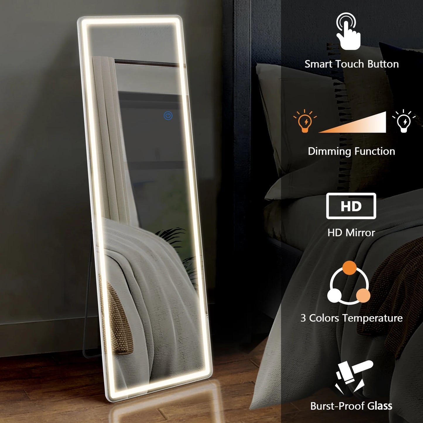 Led 64"x21" Full Length Mirror Standing Hanging or Wall-Mounted Aluminum Alloy Frame