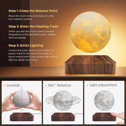 Magnetic Floating Rotating Moon Lamp, Wooden Base, 3 Color Temperature LED Night Lights