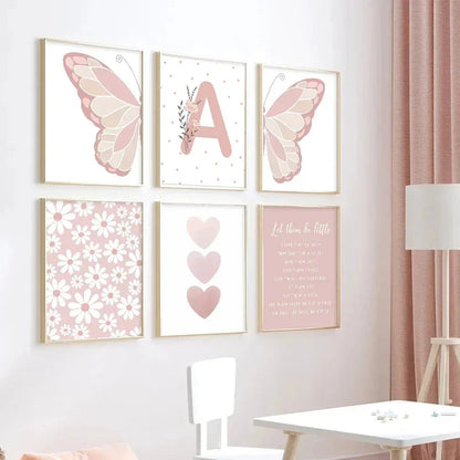 Pink Butterfly Wall Art Nursery, Canvas Prints, Painting, Sun/Rainbow/Daisy/Heart Posters