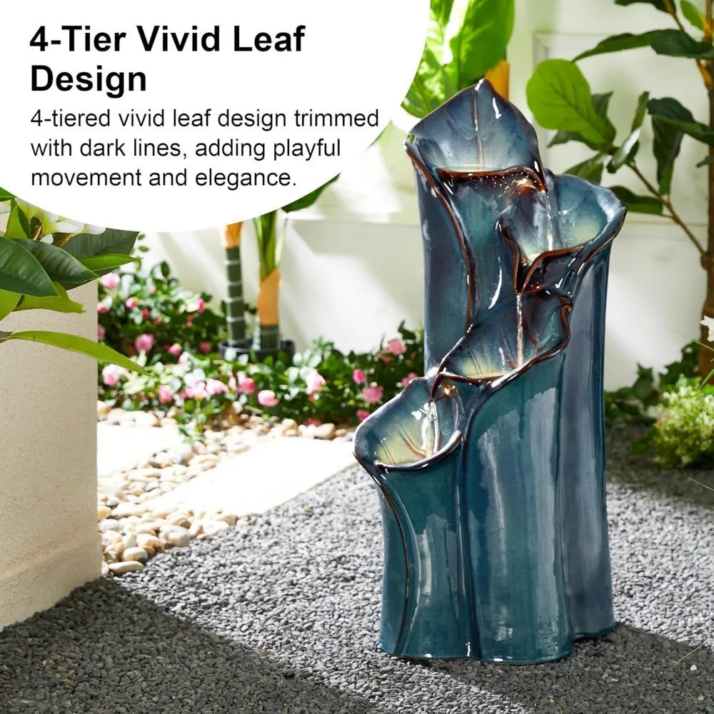 Outdoor Fountain With LED Lights, Water Pump, 4-storey Ceramic Floor, Waterfall Courtyard Vase