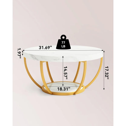 32" Circle Marble Coffee Table, 2-Tier Golden Metal Legs Accent Center Table