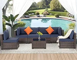 7 piece outdoor wicker patio furniture set, rattan sectional sofa couch, patio conversation set