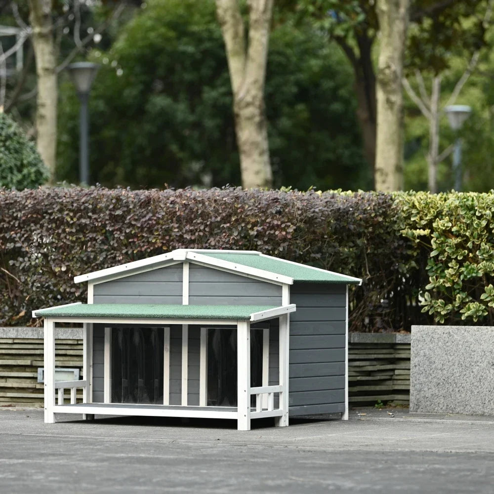 47.2" Large Wooden Dog House Outdoor/Indoor Crate, Cabin Style, With Porch, 2 Doors, Gray And Green