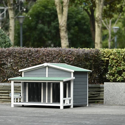 47.2" Large Wooden Dog House Outdoor/Indoor Crate, Cabin Style, With Porch, 2 Doors, Gray And Green