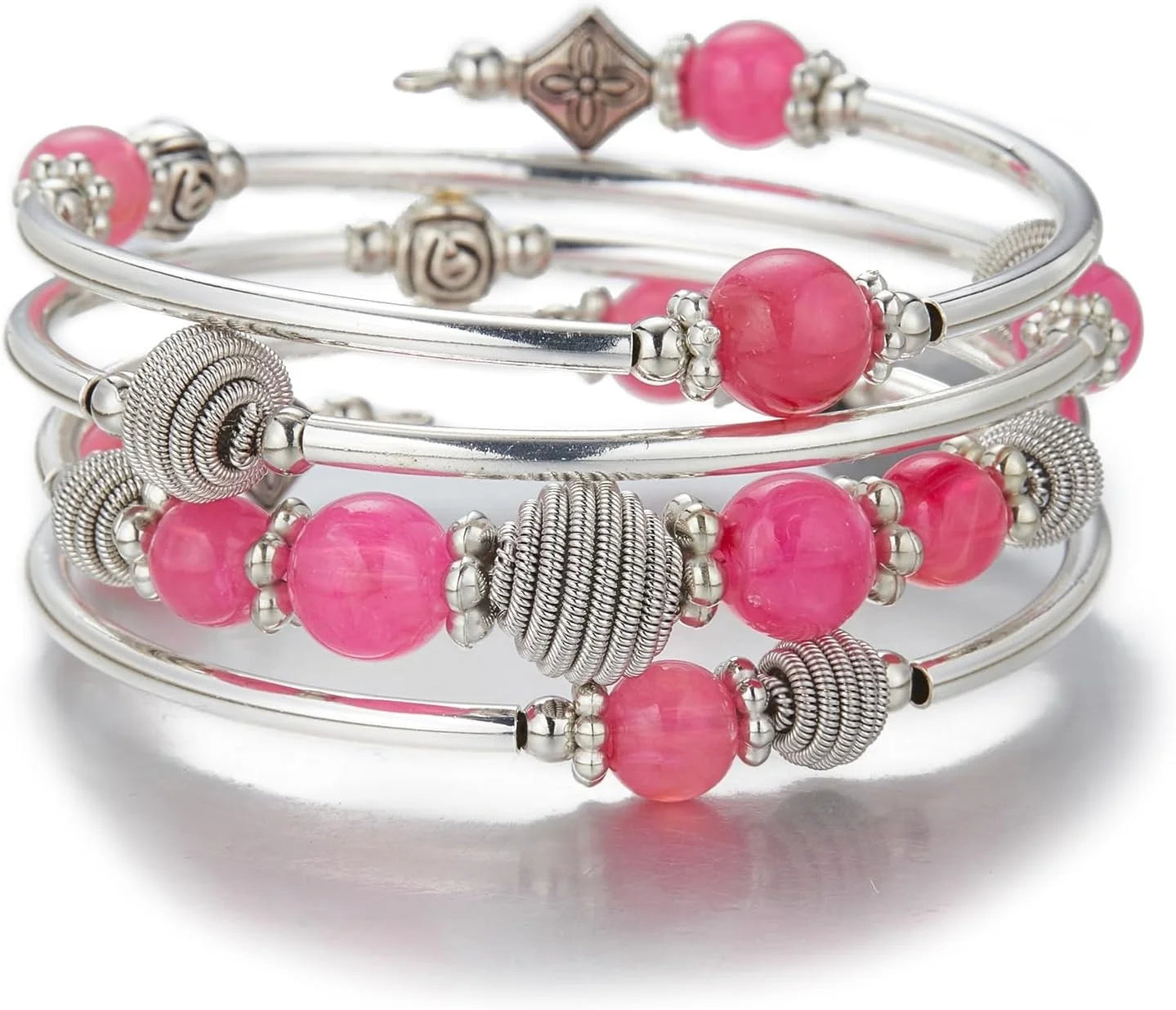 Beaded Chakra Bangle Turquoise Bracelet , Thick Silver Metal and Mala Beads