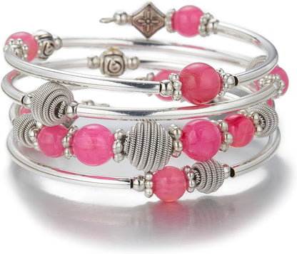 Beaded Chakra Bangle Turquoise Bracelet , Thick Silver Metal and Mala Beads