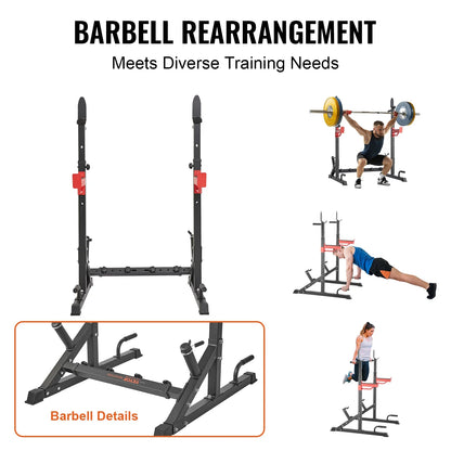Squat Stand, Multifunctional, Barbell Rack with Hook, Weight Plate Storage, Free Bench Press Stands