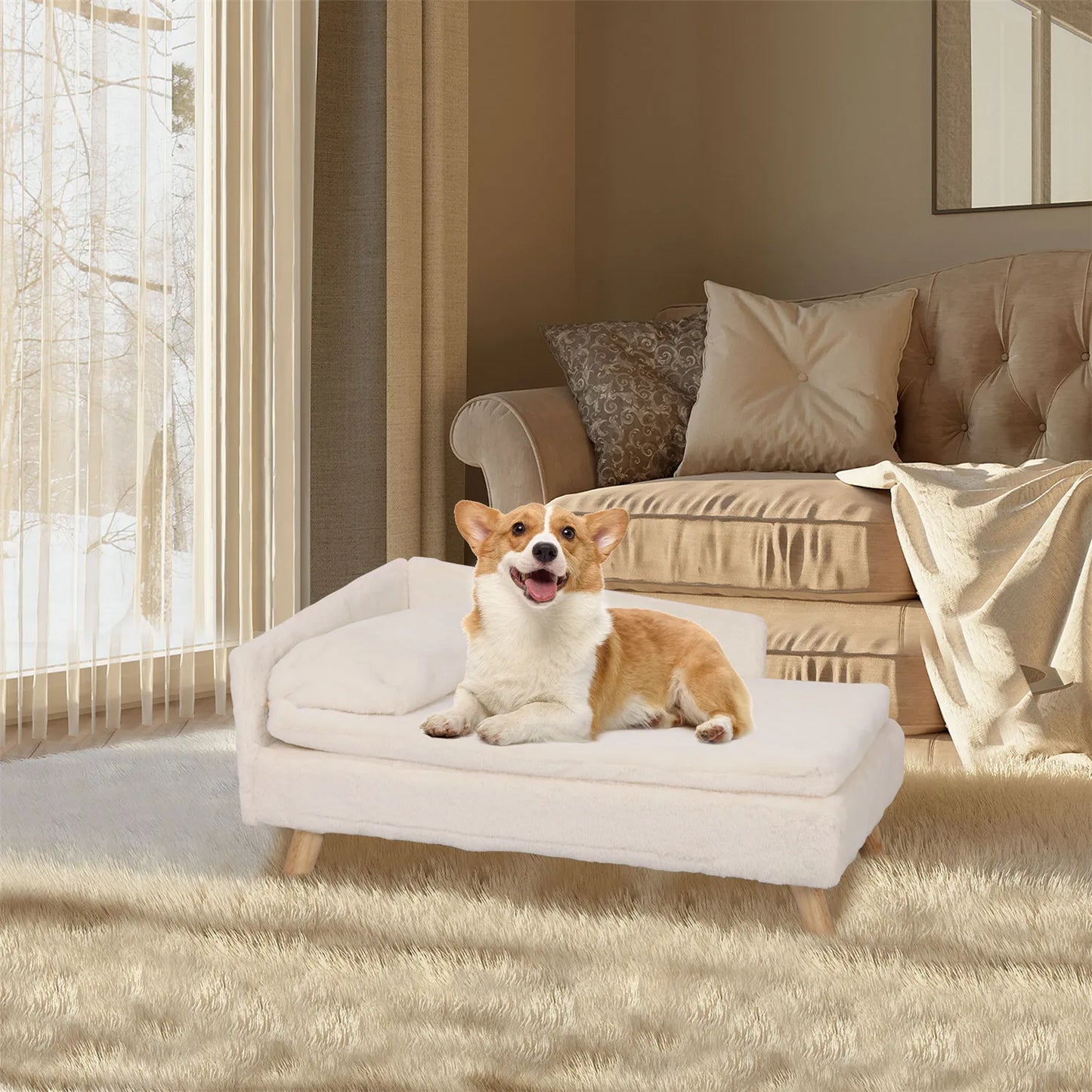 Nordic Elevated Pet Bed, Cozy Pad Waterproof, Sturdy Wood Legs