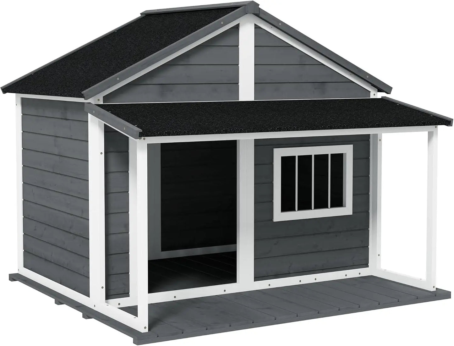 Outdoor Dog House Cabin Style, Wooden Raised Pet Kennel with Asphalt Roof, Front Door, Side Window, Porch for Medium and Large Dogs