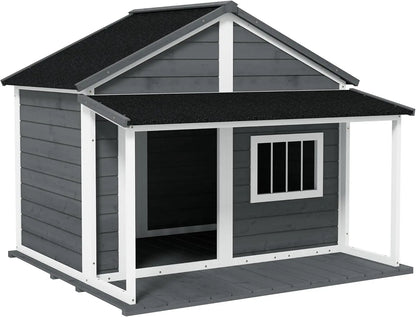 Outdoor Dog House Cabin Style, Wooden Raised Pet Kennel with Asphalt Roof, Front Door, Side Window, Porch for Medium and Large Dogs