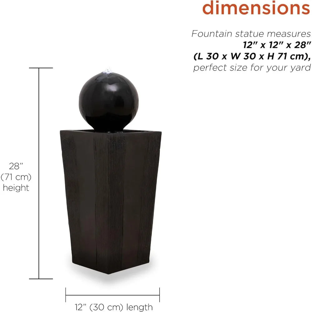 33" Outdoor Floor Modern Sphere and Pedestal, Soothing Waterfall Fountain
