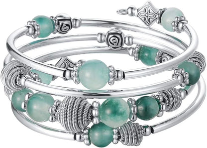 Beaded Chakra Bangle Turquoise Bracelet , Thick Silver Metal and Mala Beads