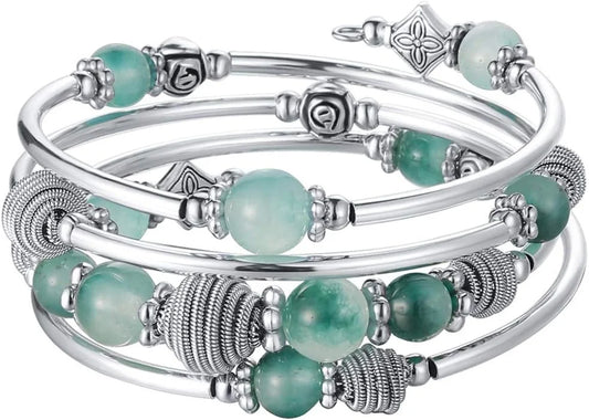 Beaded Chakra Bangle Turquoise Bracelet , Thick Silver Metal and Mala Beads