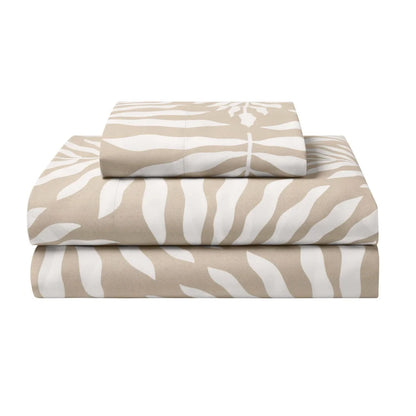 5 Piece Reversible Comforter Set, Sheets Twin XL, Beige Palm Print, Soft Fabric, Machine Washable