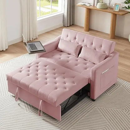 65'' 3-in-1 Folding Convertible Queen Size Pullout Sofa Bed, Modern Chenille Fabric, 360° Swivel Side Table