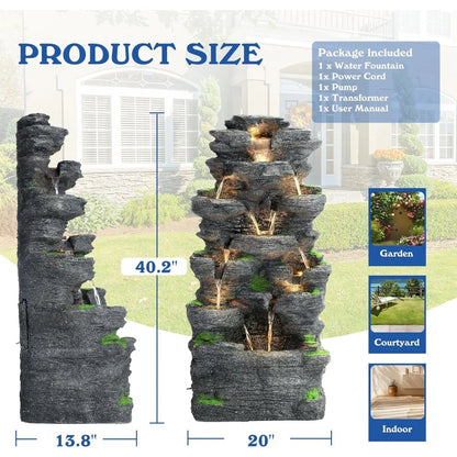 Garden Waterfall Fountain, Outdoor, Floor Standing Resin Water Fountain, LED Lights