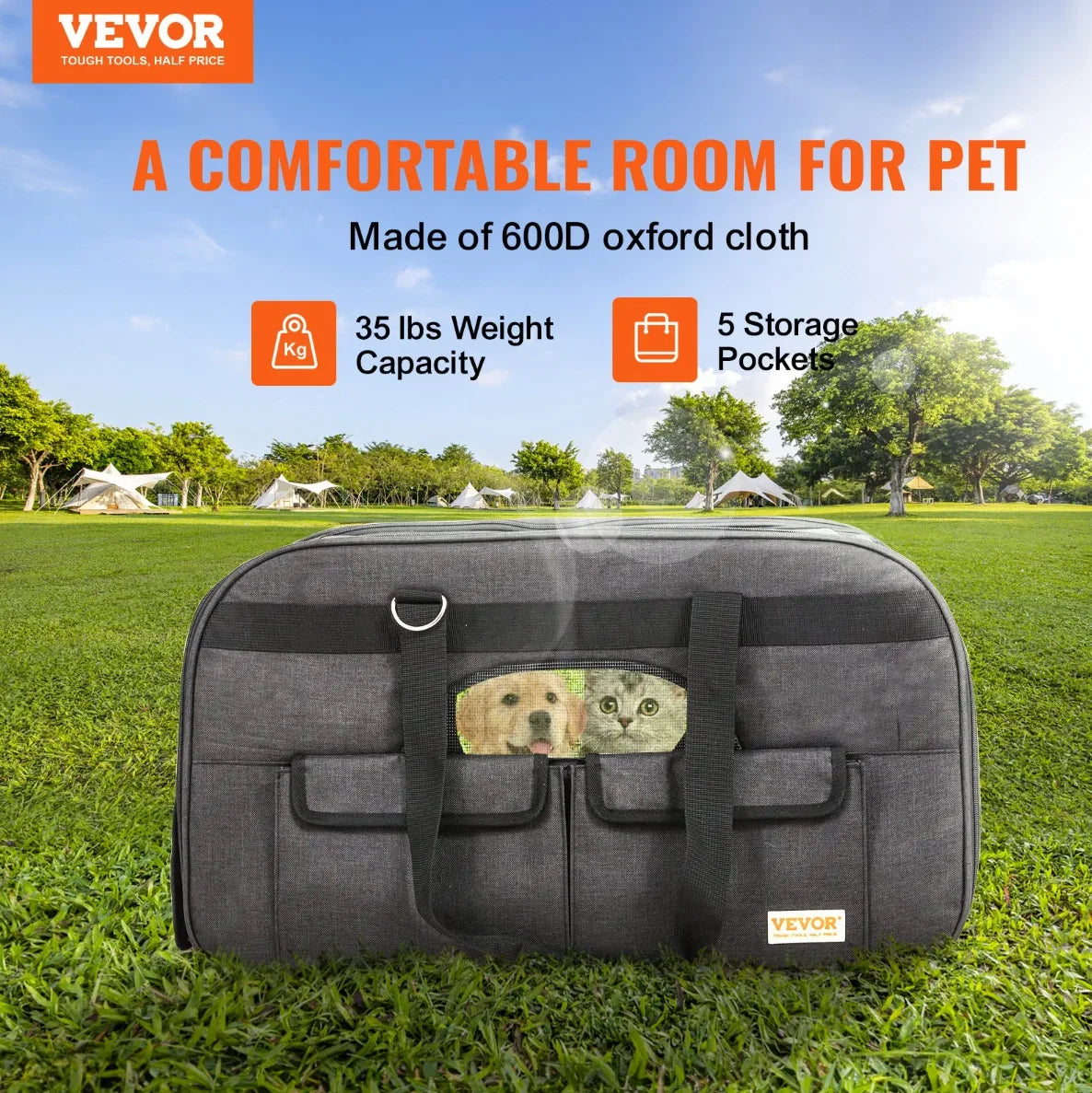 VEVOR Rolling Pet Carrier Telescopic Handle Shoulder Strap for Pets 35 lbs
