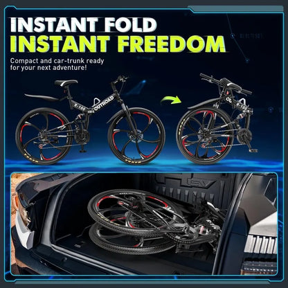 26 Inch Folding Mountain Bike, 21 Speed Full Suspension, High-Carbon Steel, Dual Disc Brake, Non-Slip Quick