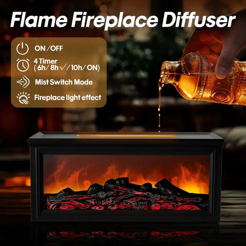 Premium Essential Oil Diffuser with Realistic Fireplace Flame Effect, USB-C Charging, 9.47oz Capacity, 7 Color LED Lights