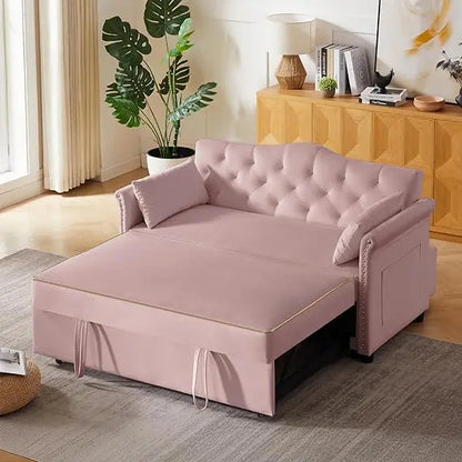 65'' 3-in-1 Folding Convertible Queen Size Pullout Sofa Bed, Modern Chenille Fabric, 360° Swivel Side Table