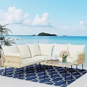 Wicker Outdoor Sectional Set, Boho Patio Conversation Sectional Sofa with Large Tempered Glass Coffee Table