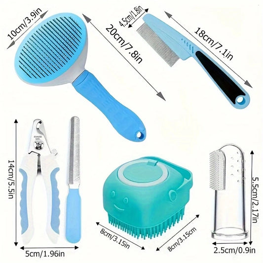 7 Pack Pet Grooming Set, Hair Removal/Flea Comb, Shampoo Brush, Nail Clippers, Toothbrush
