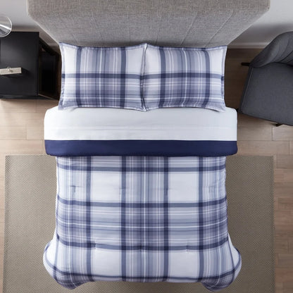 7-Piece Full Bedding Set, Antimicrobial, Stain Resistant, Hypoallergenic Polyester, Blue Plaid Bed-in-a-Bag Comforter Sheet