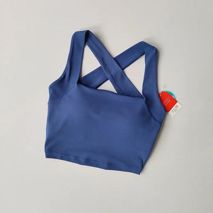 Seamless Cross Back Sports Bra, Wide Shoulder Straps, Shock-absorbing, Yoga Vest Top