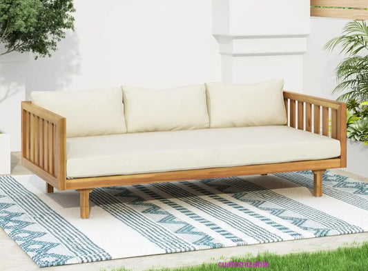 Outdoor 3 Seater Daybed, Acacia Wood Sofa with Cushions for Patio Backyard, Garden, Beige